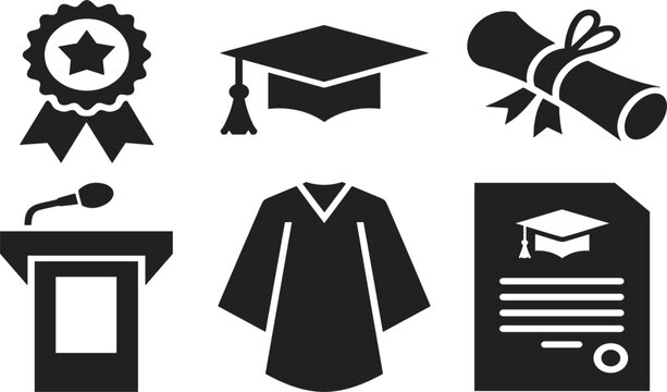 Graduation ceremony solid icons set, academic cap, diploma, gown, achievement, and education vector symbols