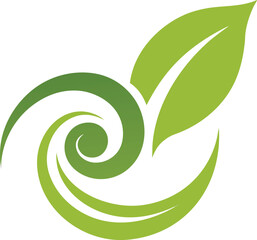 Green spiral swirl and leaf logo design, eco-friendly concept, isolated