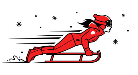 Girl leaning forward on sled clean black outline with dynamic motion lines and snowflake stars, energetic winter mood, flat red suit illustration on white background, with copy space