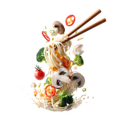 Noodles with vegetables suspended in air, held by chopsticks