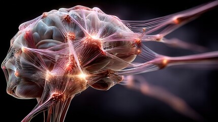 Glowing neural lines form a stylized brain with a bright central node expanding into an abstract growth chart on a deep purple background.