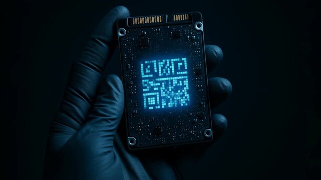 Gloved hand holding hard drive with glowing QR code, symbol of access to sensitive digital data and ongoing struggle for information privacy and fundamental rights - Powered by Adobe