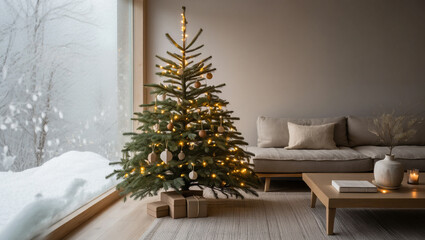 Festive christmas tree in cozy living room with snowy winter landscape