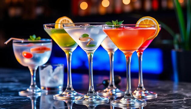 A collection of classic and modern martinis, garnished creatively,  glass,  food photography