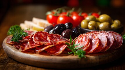 Sliced cured meat appetizer platter arranged with fresh accompaniments on a wooden surface