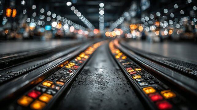 Moving walkway with lights in a blurred urban environment. - Powered by Adobe