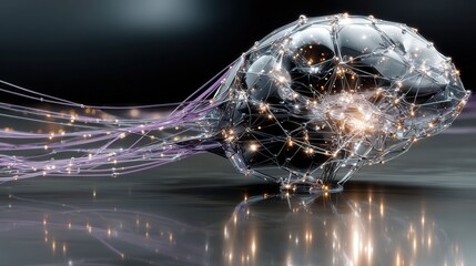 Glowing neural lines form a stylized brain with a bright central node expanding into an abstract growth chart on a deep purple background.