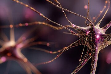 Glowing neural lines form a stylized brain with a bright central node expanding into an abstract growth chart on a deep purple background.