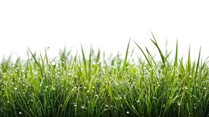 Fototapeta premium A lush green lawn with water droplets, set against a white background, with a clear sky in the background.