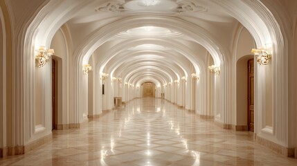 Long elegant interior corridor featuring repeating arched architecture and ornate wall sconces