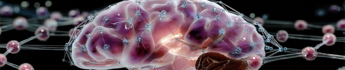 Glowing neural lines form a stylized brain with a bright central node expanding into an abstract growth chart on a deep purple background.