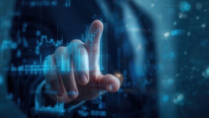 Hand interacts with a glowing digital interface displaying data graphs, symbolizing advanced technology, strategic business analytics, and the future of digital transformation