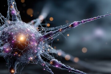 Glowing neural lines form a stylized brain with a bright central node expanding into an abstract growth chart on a deep purple background.