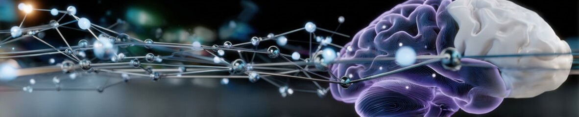 Glowing neural lines form a stylized brain with a bright central node expanding into an abstract growth chart on a deep purple background.