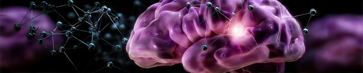Glowing neural lines form a stylized brain with a bright central node expanding into an abstract growth chart on a deep purple background.