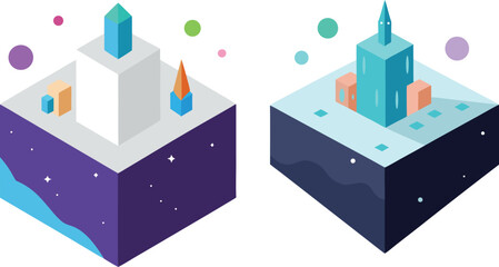 Miniature floating city over sugar cube, interstellar sci-fi landscape, cosmic metropolis, tiny futuristic architecture, surreal imaginative space scene