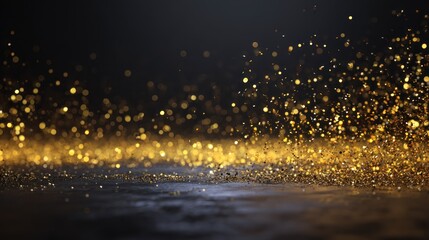 Golden glittering particles floating in the air against a black background, creating a festive and magical atmosphere.
