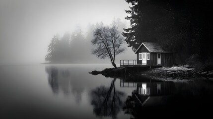 Solitary wooden cabin rests beside still water shrouded in thick atmospheric mist
