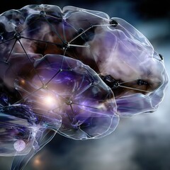 Glowing neural lines form a stylized brain with a bright central node expanding into an abstract growth chart on a deep purple background.