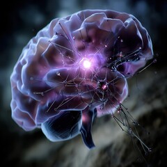 Glowing neural lines form a stylized brain with a bright central node expanding into an abstract growth chart on a deep purple background.