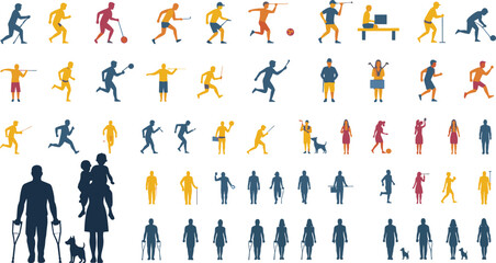 Collection of colorful silhouette figures engaged in various sports activities and daily life