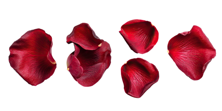 Five red rose petals arranged on black