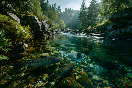 Salmon swimming against river current. Norway, Stavanger region, Rogaland, Ryfylke scenic route. Salmon in these rivers is a very significant part of the worldwide stock of Atlantic salmon.