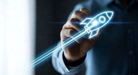 Hand drawing a glowing rocket ship, symbolizing startup and business launch