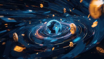 Dynamic global digital network with swirling abstract energy and numerous golden coin-like symbols representing decentralized finance and technological innovation