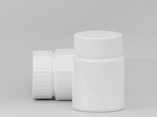 White plastic medicine bottles mockup isolated on a light gray background. Clean and minimalist packaging template for pharmaceutical, supplement, or healthcare product design.