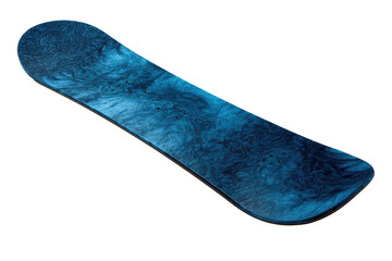 Blue, textured snowboard with curved edges on dark space