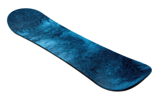 Blue, textured snowboard with curved edges on dark space