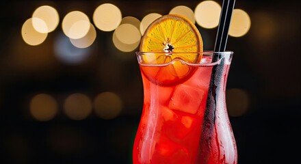Refreshing Red Tropical Cocktail Garnished with Orange Slice and Ice