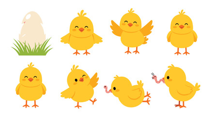 Obraz premium A collection of cute cartoon yellow chicks in various happy poses, with an egg hatching and some eating worms, on a white background.