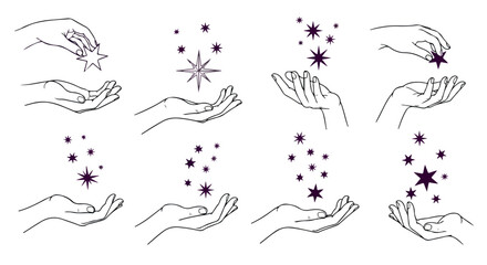 Hands holding stars and sparkles outline style
