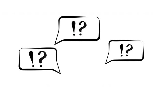 Three question marks and exclamation mark  animation ,with comic chat bubble on  white screen, alpha channel only 4k

