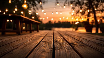 Wooden deck surface stretches toward a glowing evening horizon illuminated by string lights overhead