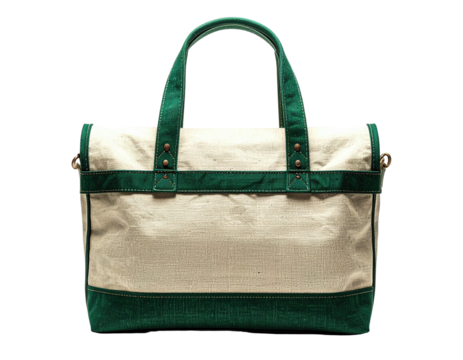 Cream, green bag with straps, seen from front