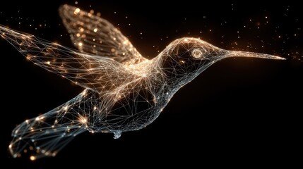 Obraz premium A glowing, wireframe hummingbird with sparkling wings and a glowing beak, set against a dark background with a few scattered lights.