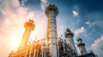 Industrial facility structures ascend toward a dramatic sunlit sky at sunset
