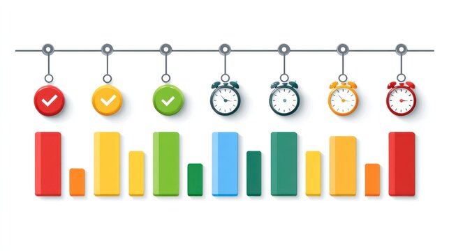 A series of colorful bar graphs and clocks hanging from a wire, with a white background and various time intervals. - Powered by Adobe