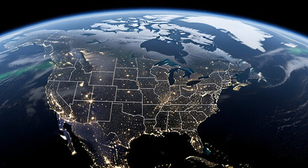 A 3D view of the Earth globe showing continents, sea, and ocean on a blue background with faint stars in space