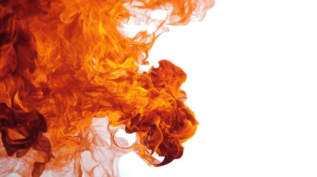 A fiery orange and red cloud of smoke or fire against a white background, with a blurred, abstract effect that gives it a dynamic and intense appearance. - Powered by Adobe