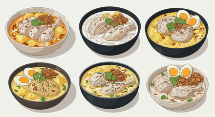 Noodle soup bowls with various toppings