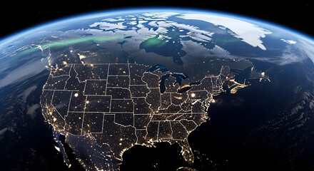 Global communication technology concept featuring a blue planet Earth sphere with continents and ocean view from space at night under the light of stars