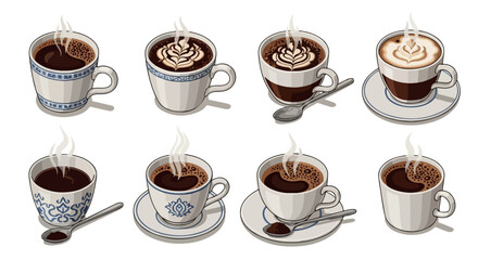 Coffee cups collection with various toppings