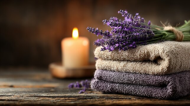 Stacked towels lavender and candle on wooden surface create a spa atmosphere.