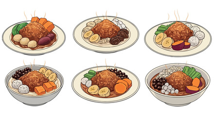 Asian rice dishes with various toppings