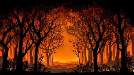 Silhouetted bare trees line a pathway glowing with intense orange light