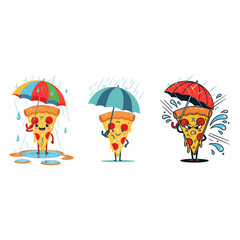 Cute Pizza Characters Walking with Umbrellas Isolated